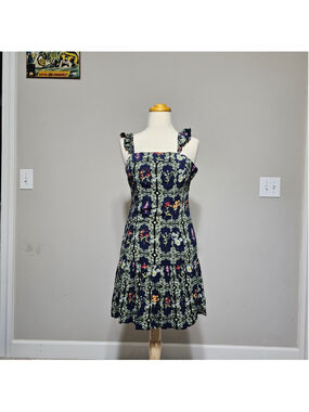 Aguabendita XS Navy Floral Scarf-Print Ruffle Strap Tiered Mini Dress